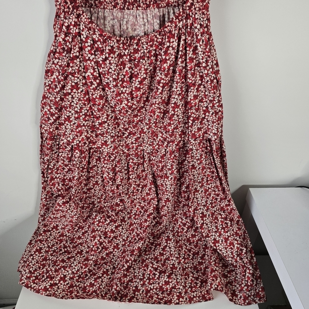 Apiece Apart Nova Red Floral Midi Dress M Organic Cotton Cut Out Back Pockets - Picture 9 of 16
